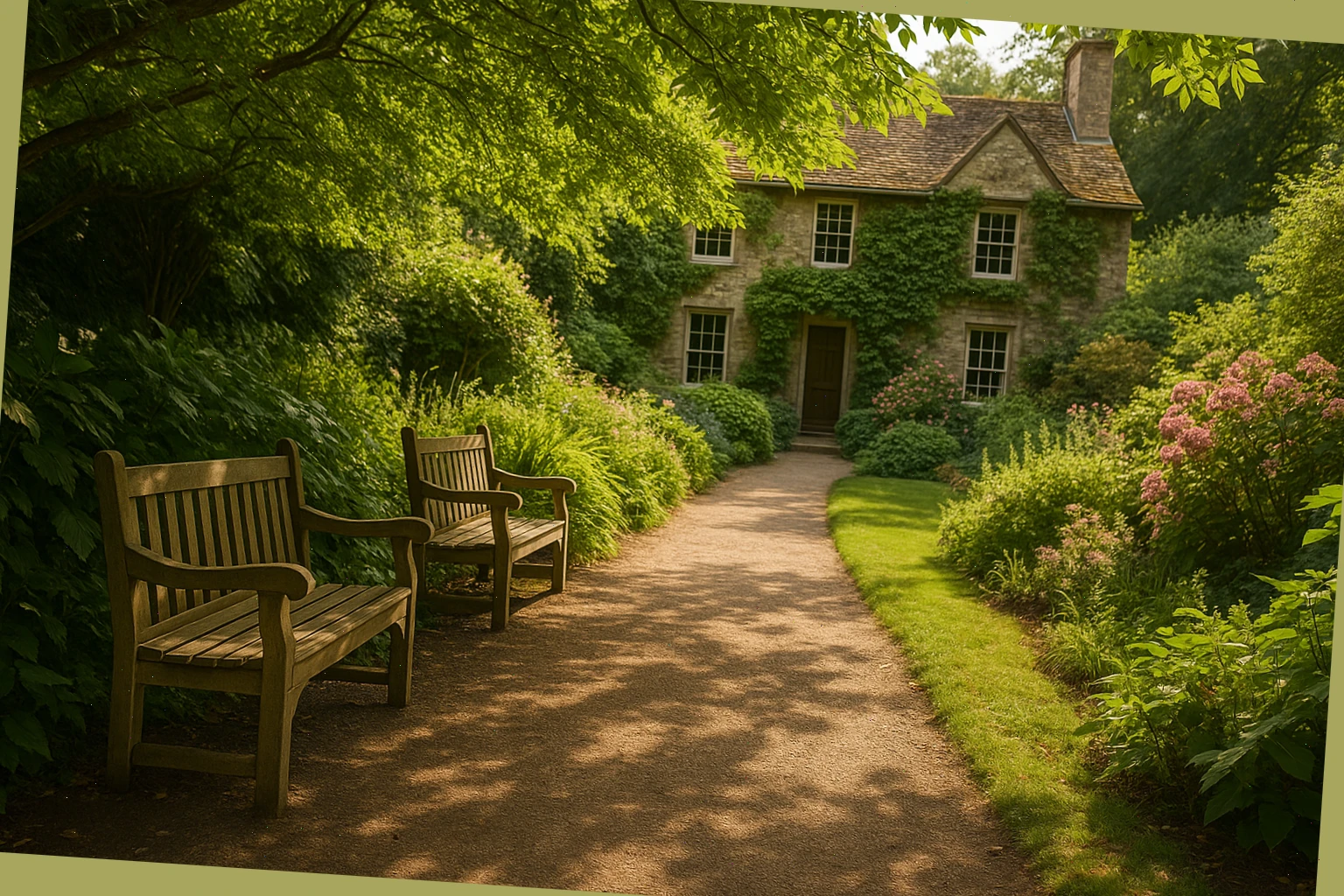 Leaf-dappled garden path with benches beside a literary house