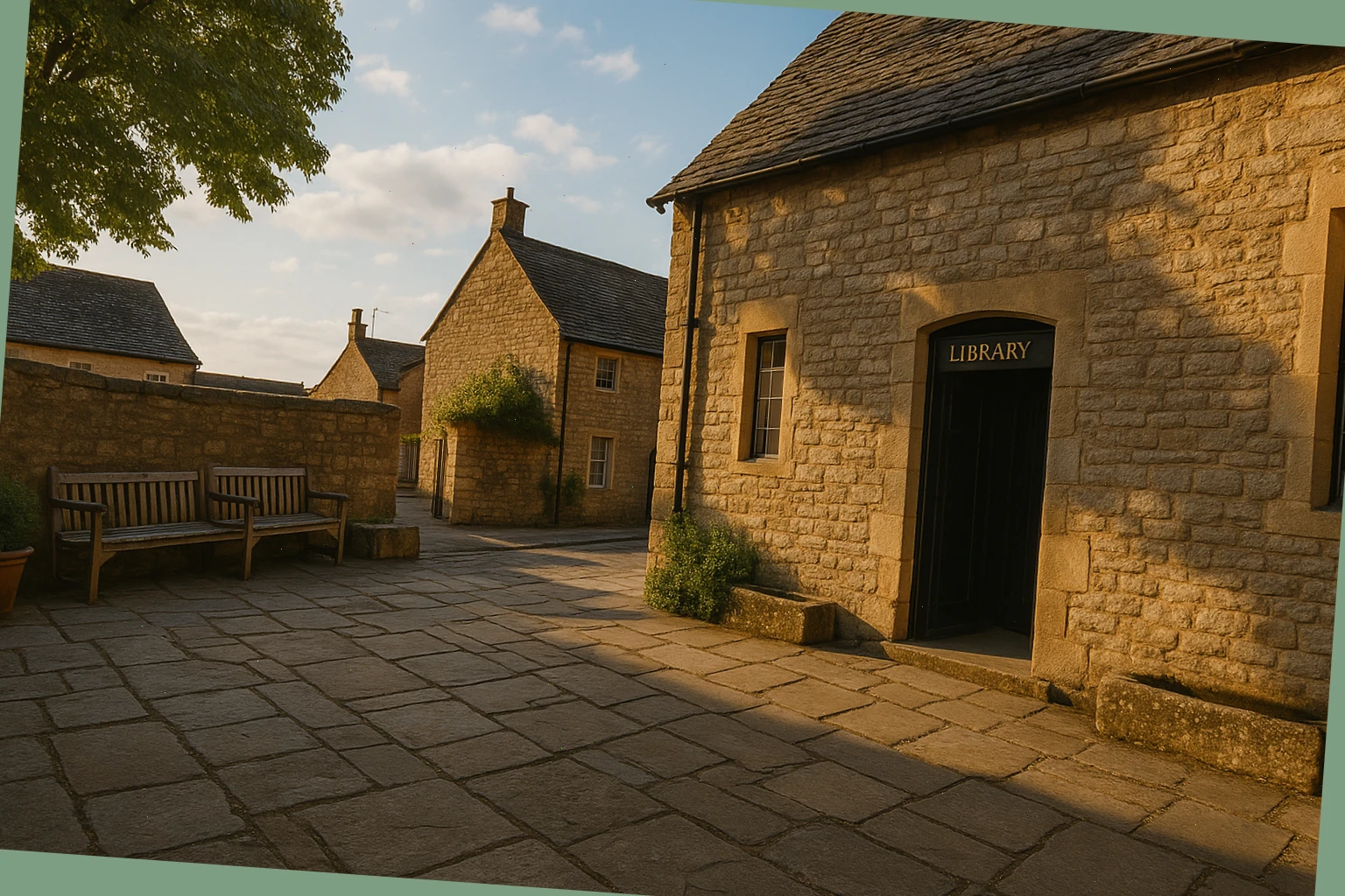 Stone courtyard near a small town library with afternoon light